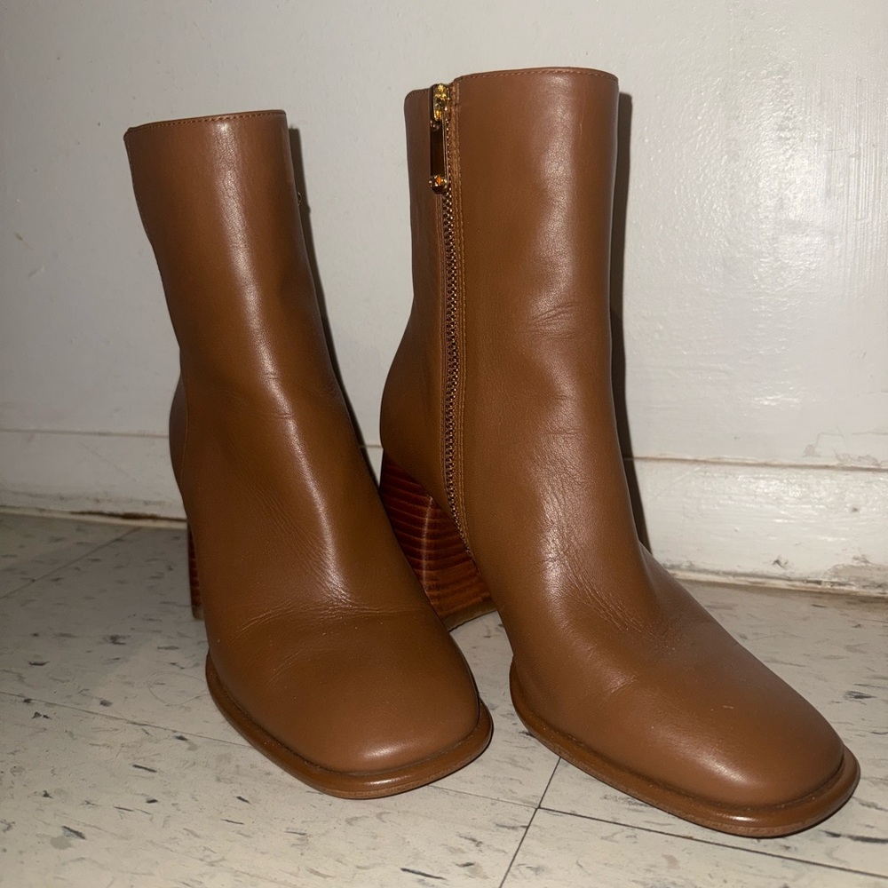 Women's Brown Leather Mid-Calf Heeled Boots with Side Zip